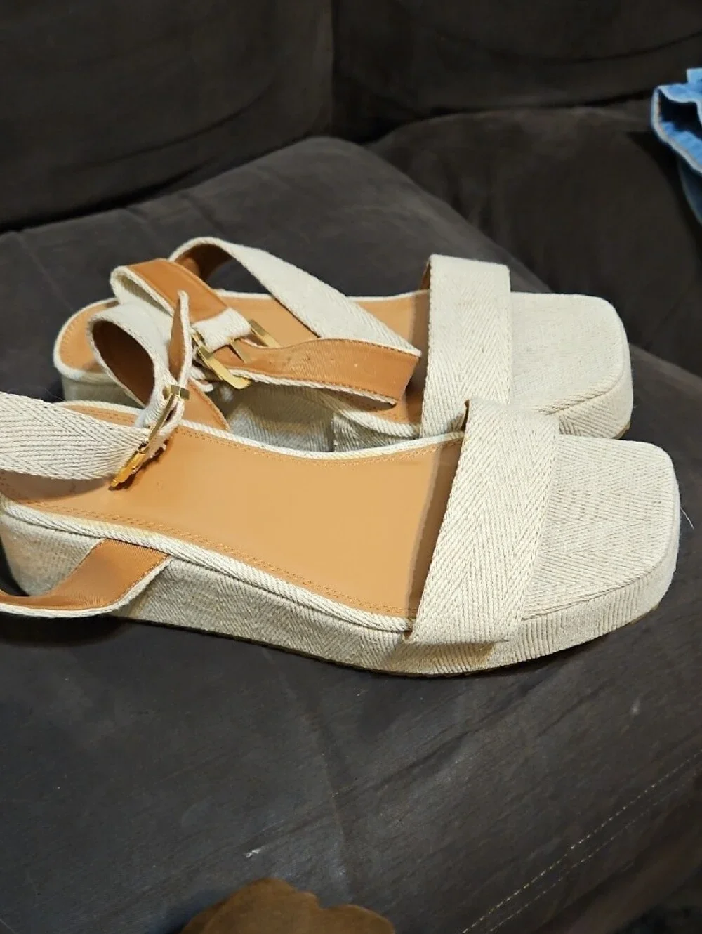 ASOS Cream Textured Platform Sandals with Gold Buckle